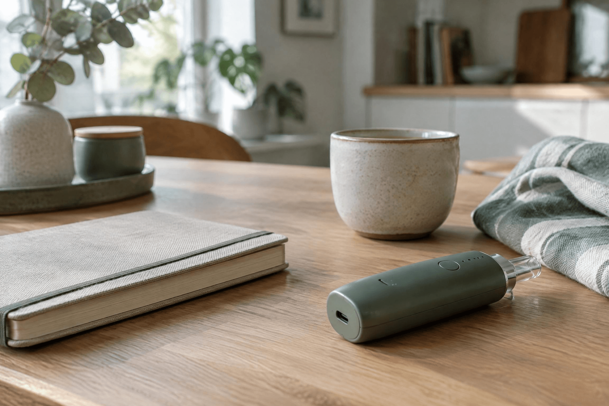 Tragbarer Vaporizer auf einem Holztisch in einer ruhigen, wohnlichen Umgebung mit Tasse, Notizbuch und Zimmerpflanzen.