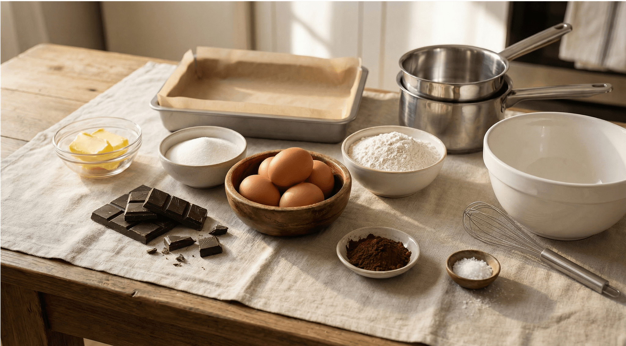 Alle Zutaten für Brownies stehen bereit zum Backen.