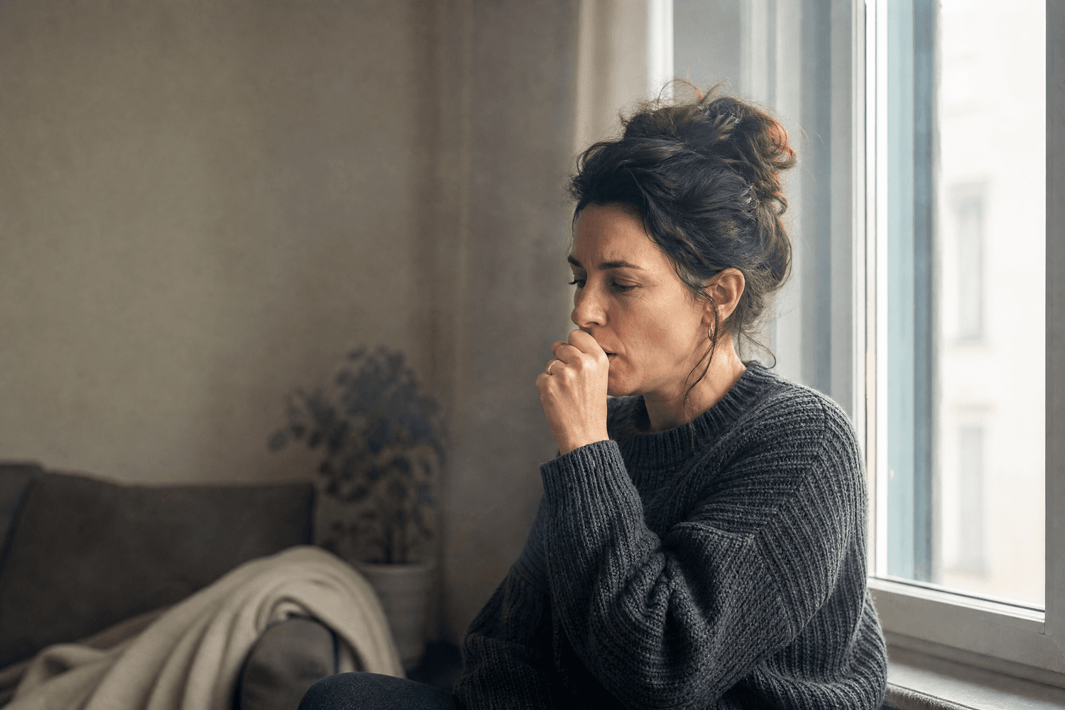 Erwachsene Frau in dunklem Wollpullover sitzt am Fenster und hält beim Husten eine Hand vor den Mund.