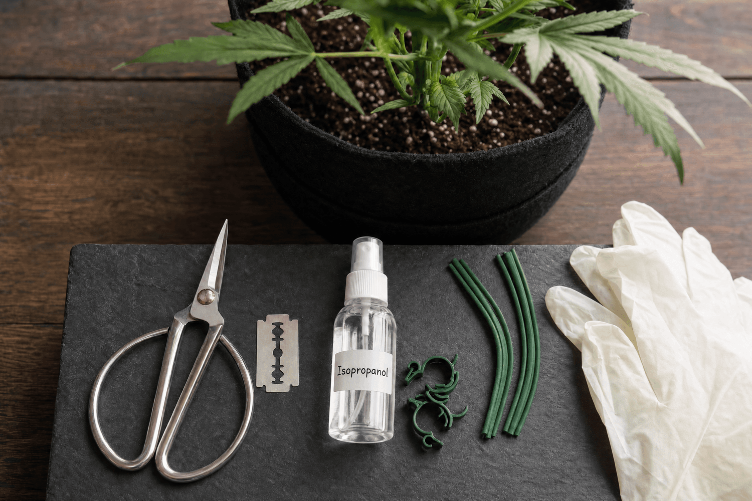 Flat-lay der HST-Werkzeuge auf einer Schieferplatte: Gartenschere, Rasierklinge, beschriftete Sprühflasche mit Isopropanol zur Werkzeugsterilisation, grüne Pflanzendraht-Clips, Pflanzenbinder und Latexhandschuhe – im Hintergrund eine gesunde Cannabispflanze in der vegetativen Phase im Fabric Pot. Vorbereitung für High Stress Training.