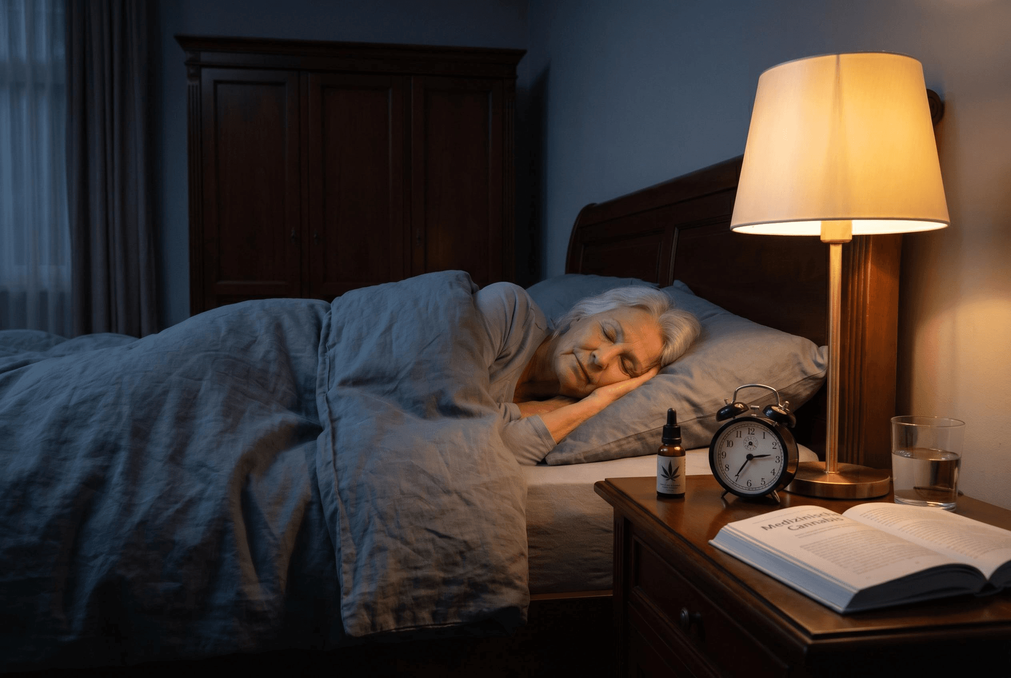 Eine ältere Dame schläft, neben sich ein Cannabisextrakt und ein Buch über cannabinoide Medizin