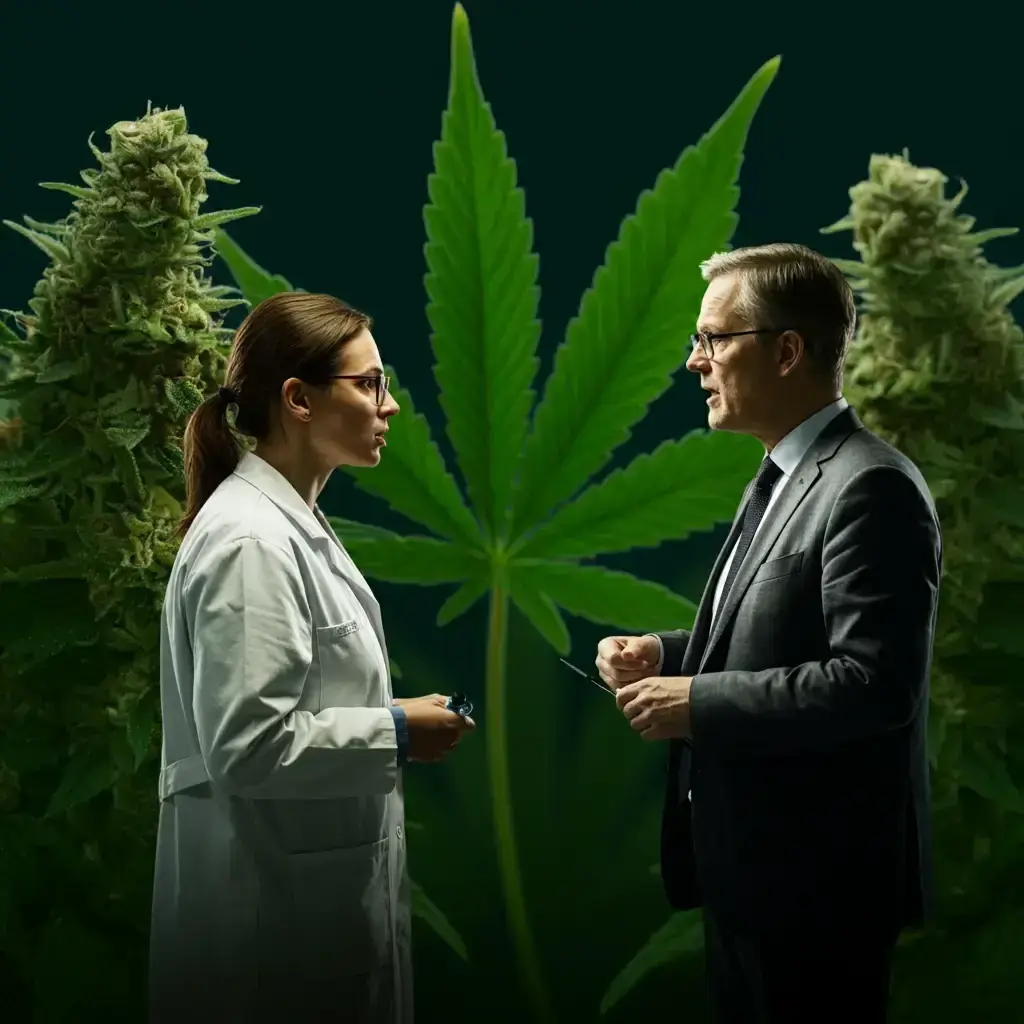 Forscherin im Kittel und Mann im Anzug vor großem Cannabisblatt
