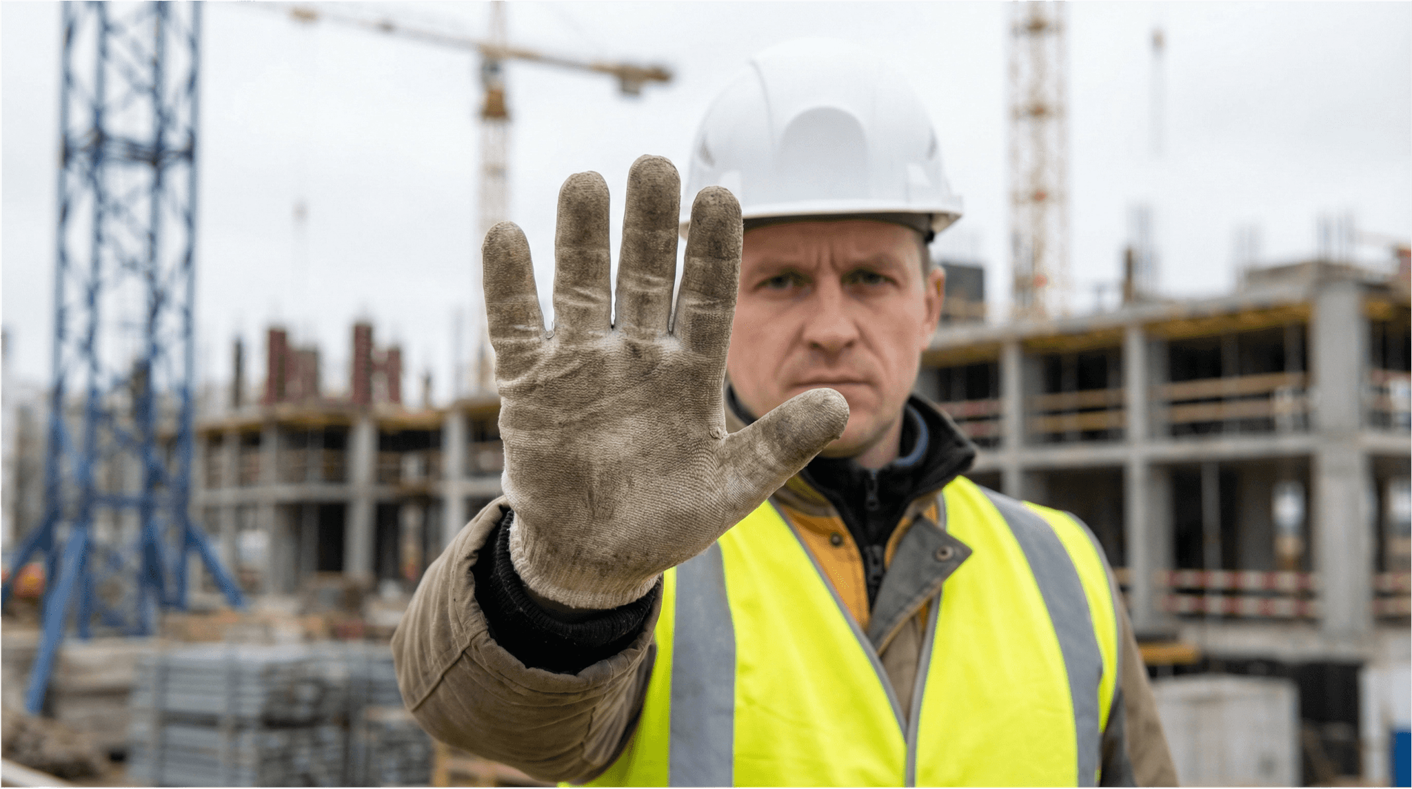 Bauarbeiter mit Bauhelm zeigt Stopp-Geste vor Baustelle - Symbol für baurechtliche Blockierung von Anbauvereinen