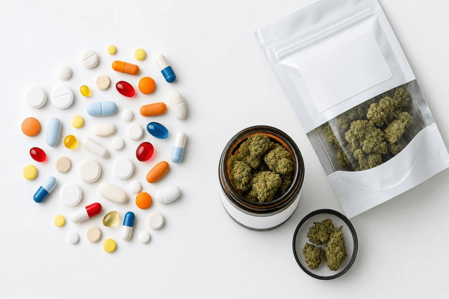 Verschiedene Medikamente in Pillenform und medizinisches Cannabis als Blüte