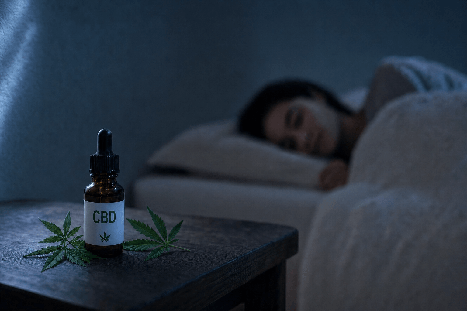 CBD-Öl-Flasche mit CBD-Etikett auf einem Holz-Nachttisch bei Nacht, im Hintergrund schläft eine Frau friedlich in weißen Leinenbetttüchern