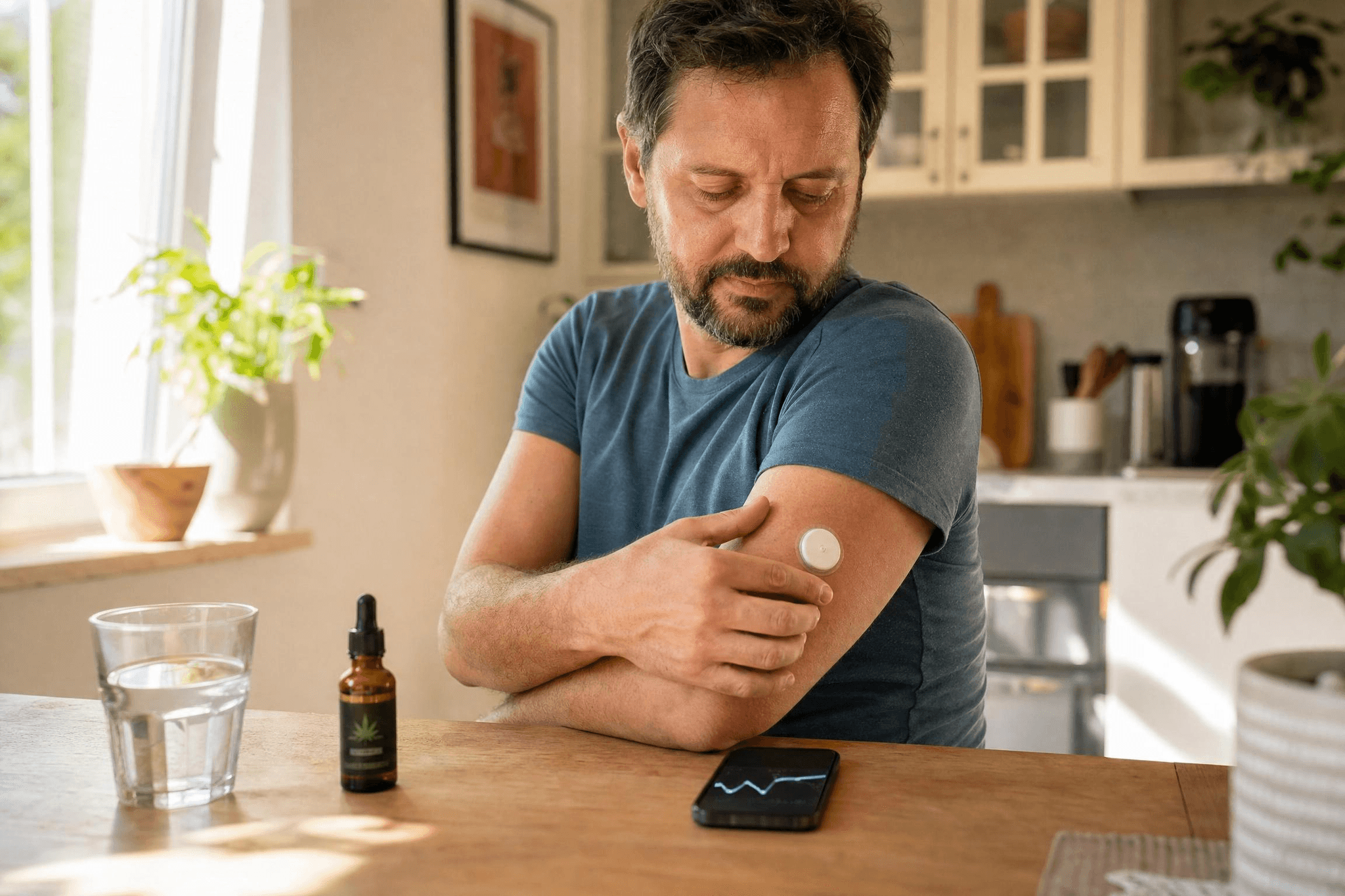 Mann kontrolliert kontinuierliches Glukose-Messgerät am Oberarm, auf dem Tisch daneben ein CBD-Öl und ein Smartphone mit Blutzuckerkurve