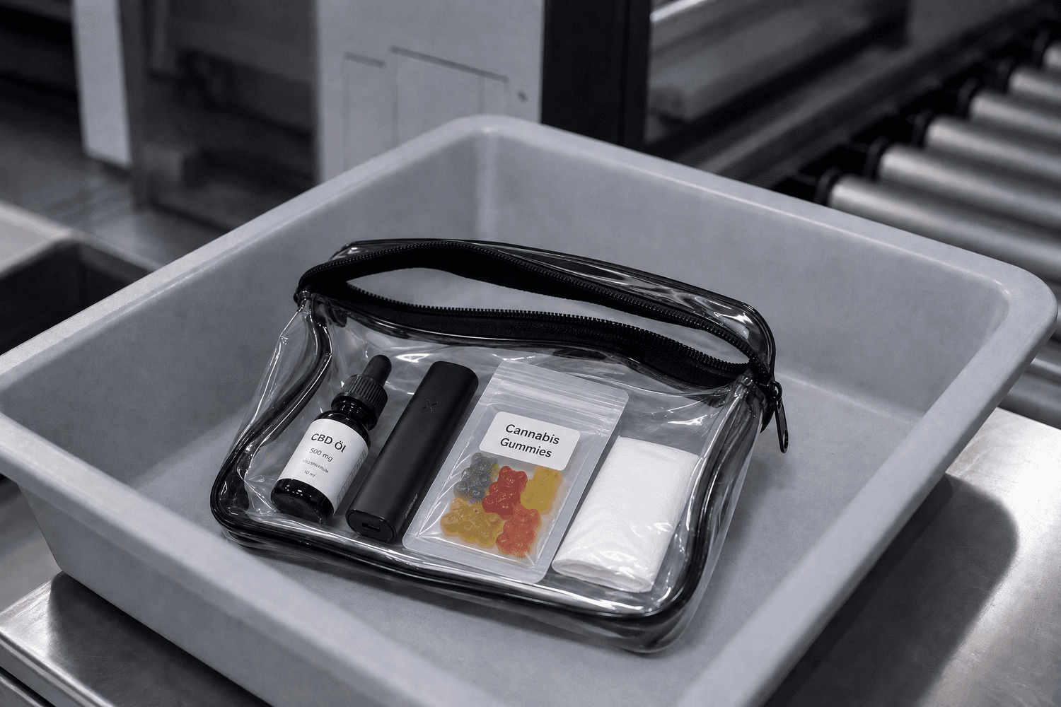 Transparente Kulturtasche in einer Sicherheitskontroll-Wanne mit CBD-Öl, Vaporizer, Cannabis-Gummibärchen und einer weißen Verpackung.