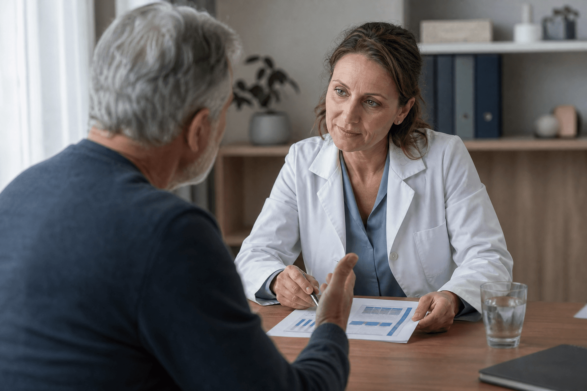 Ärztin bespricht mit einem älteren Patienten ein Analyseblatt in einem ruhigen Sprechzimmer.