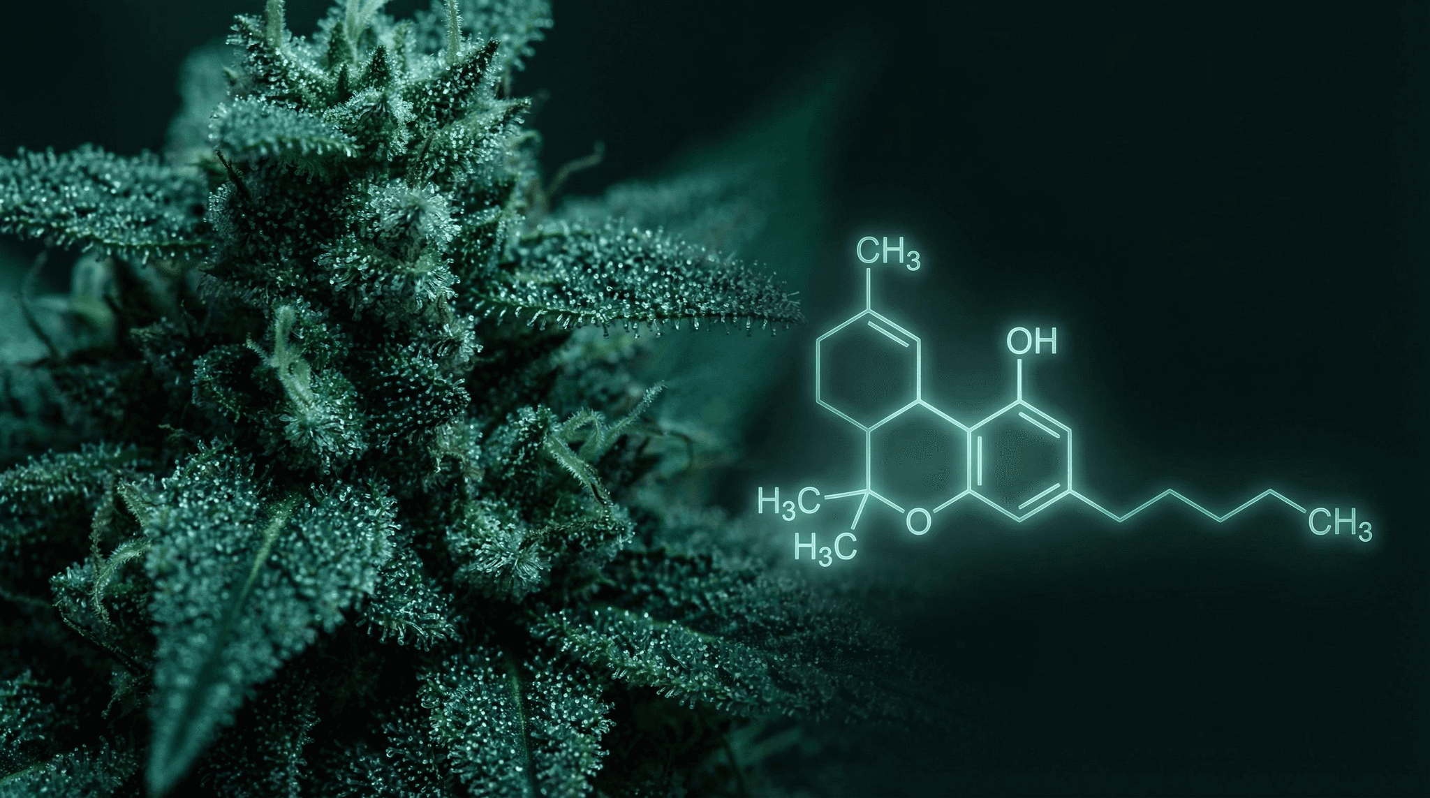 Nahaufnahme einer kristallbedeckten Cannabis-Blüte neben der leuchtend türkisen chemischen Strukturformel von THCP auf dunklem Hintergrund