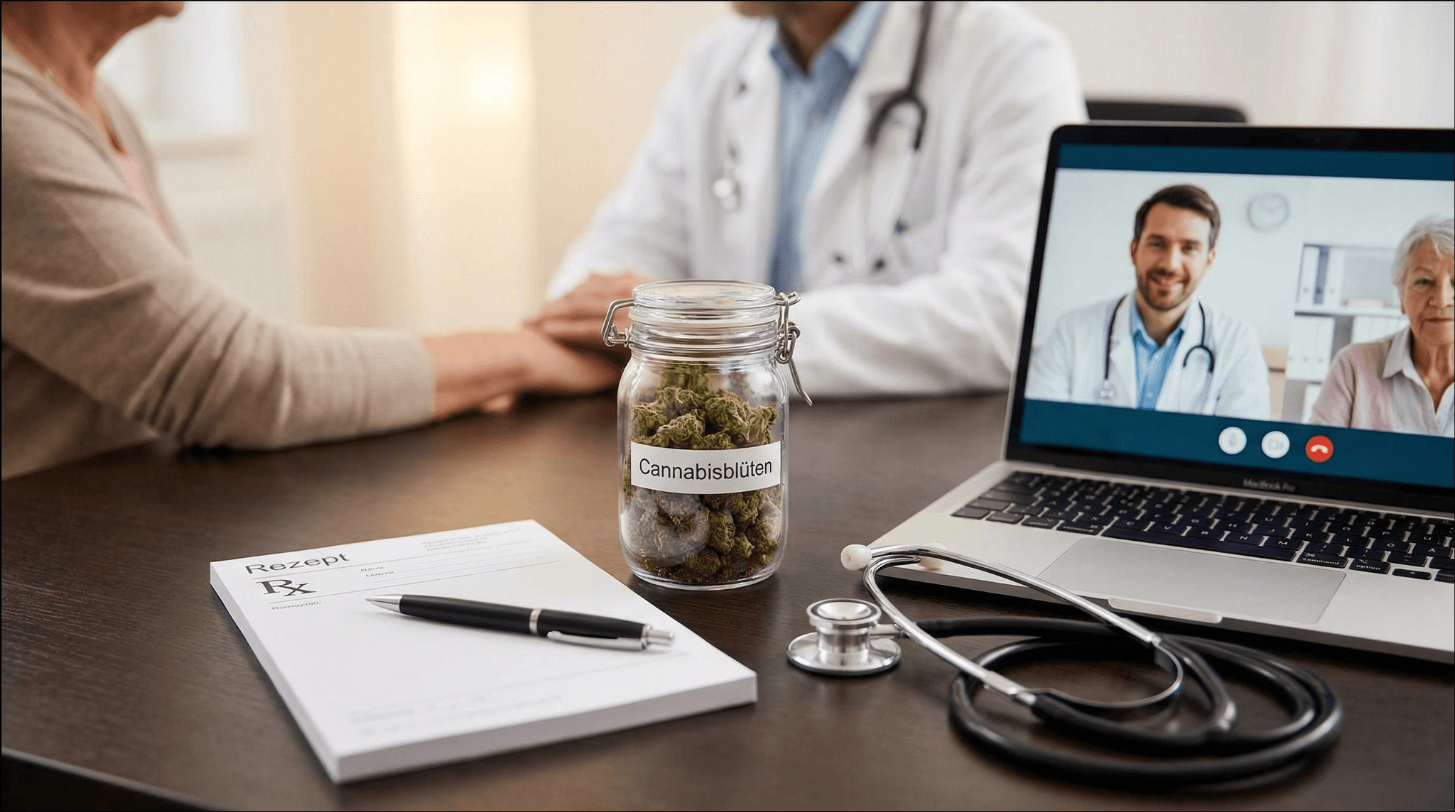 Arztgespräch über medizinisches Cannabis für Frauen – Rezept, Glas mit Cannabisblüten und Stethoskop auf dem Tisch, Telemedizin-Konsultation im Hintergrund