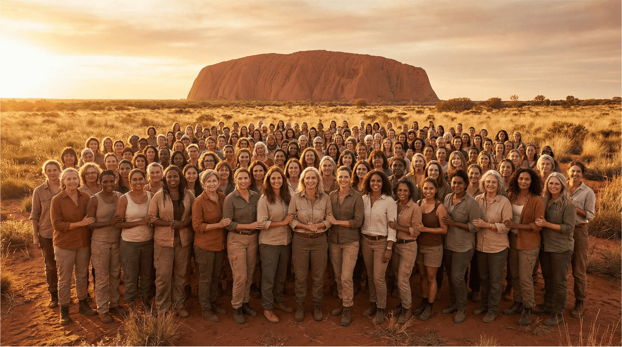 Große Gruppe diverser Frauen verschiedener Altersgruppen vor dem Uluru (Ayers Rock) im australischen Outback im goldenen Abendlicht – symbolisch für die australische Befragungsstudie mit 484 Frauen mit Endometriose.