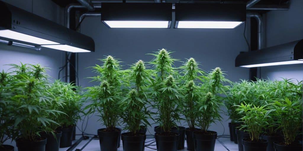 Cannabis-Pflanzen in Töpfen unter LED-Wachstumslichtern