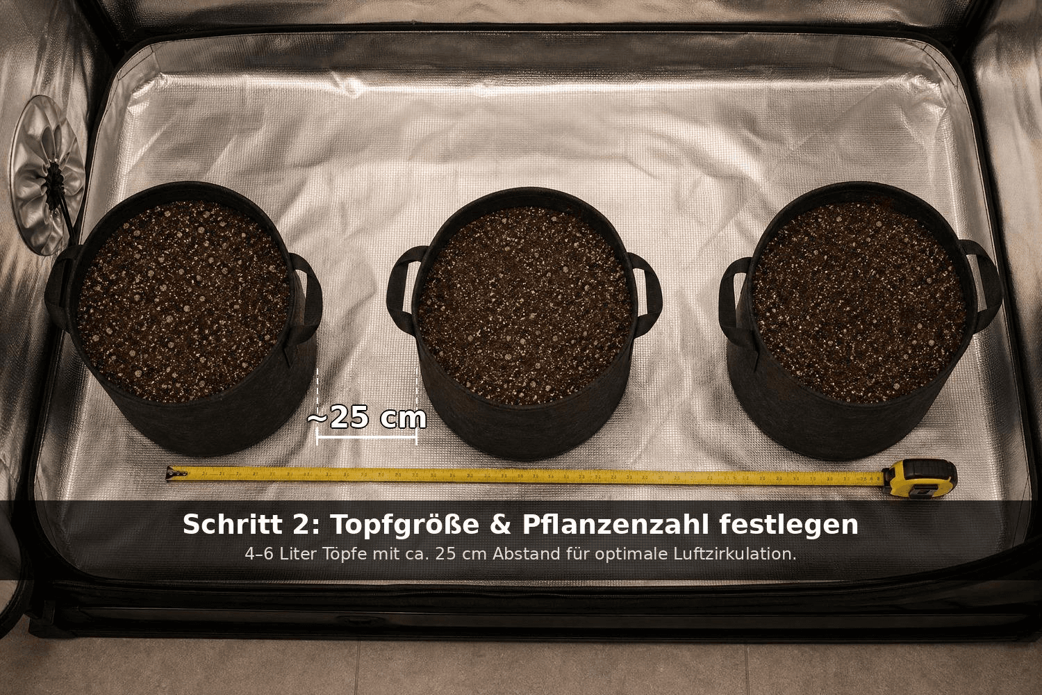 Vogelperspektive auf drei schwarze Fabric Pots mit Erde in einem Growzelt, Maßband zeigt den Abstand von ca. 25 cm zwischen den Töpfen.