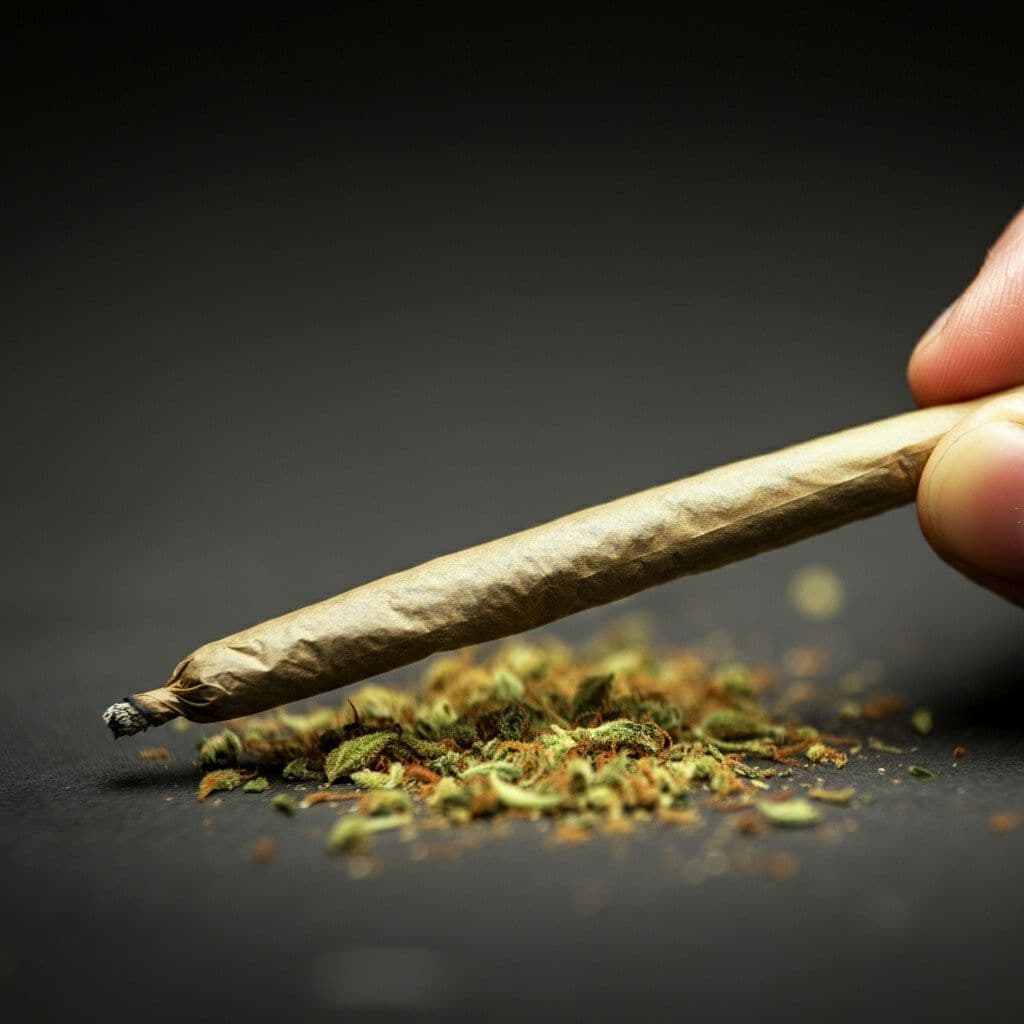 Hand hält brennenden Joint über lose Cannabisblüten auf dunklem Hintergrund