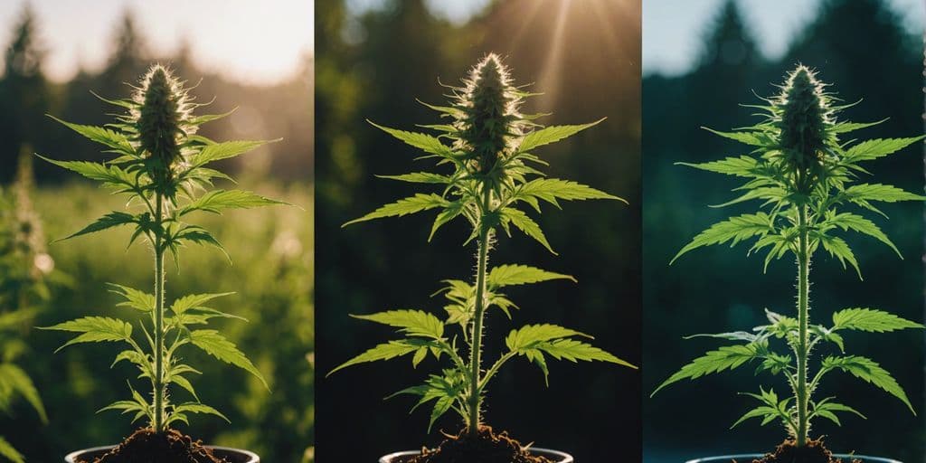 Drei Cannabispflanzen in Töpfen vor Sonnenuntergang.