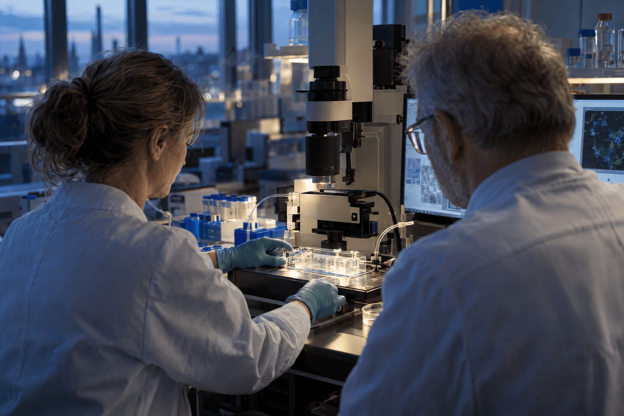 Zwei erwachsene Forschende arbeiten in einem Labor bei Dämmerung an einem Mikroskop und einem transparenten Mikrofluidik-System.