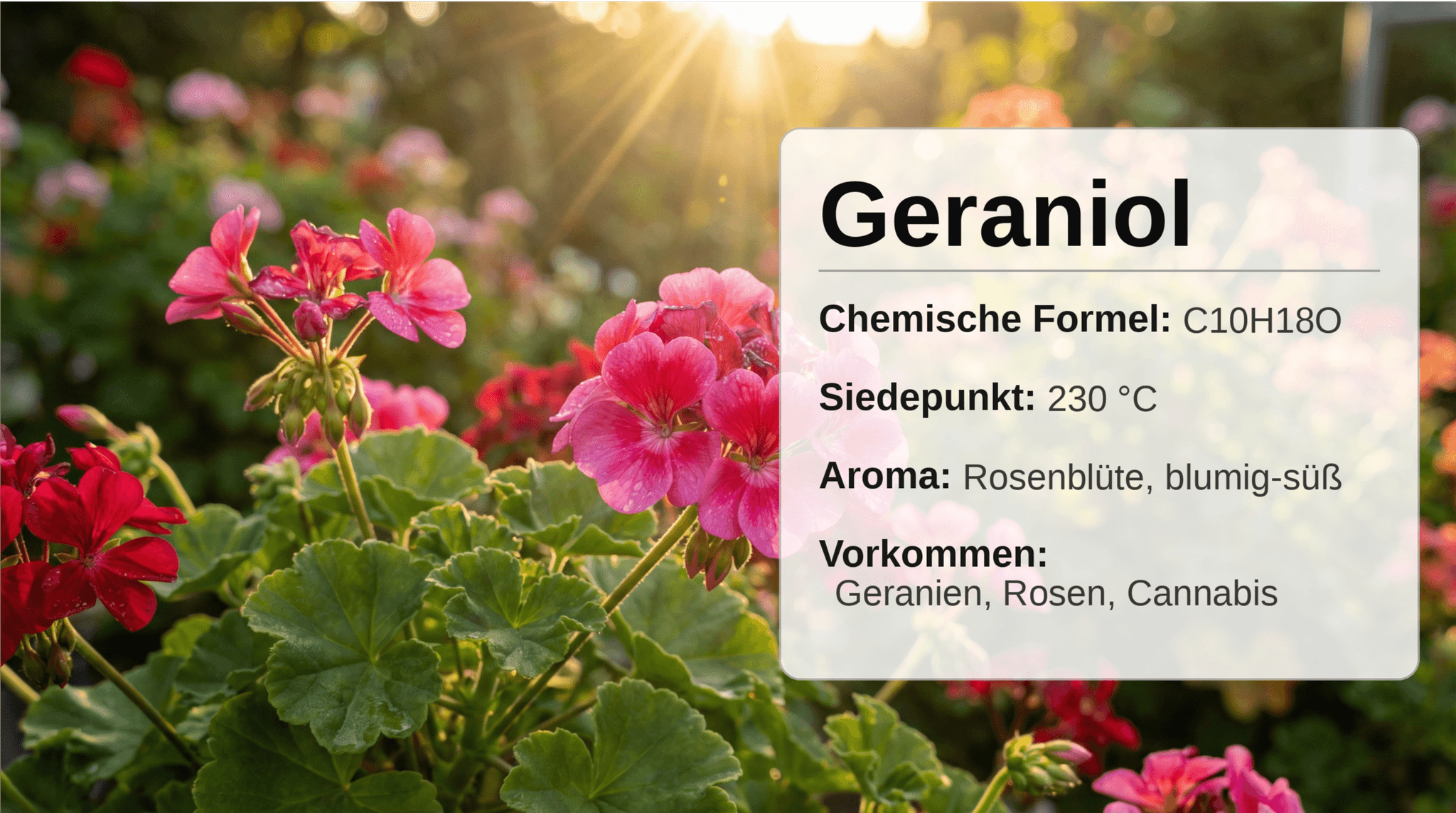 Geraniol Steckbrief: Infografik mit chemischer Formel C10H18O, Siedepunkt 230°C, Aroma Rosenblüte und Vorkommen in Geranien, Rosen und Cannabis