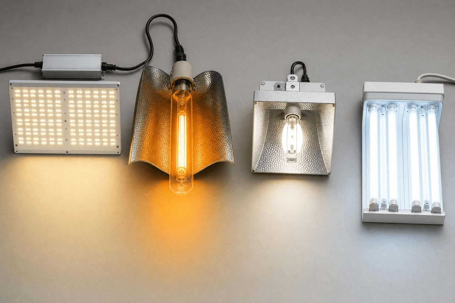Vier Grow-Lampentypen im Vergleich: LED Quantum Board, HPS-Natriumdampflampe mit Reflektor, CMH-Keramikmetalldampflampe und T5-Leuchtstoffröhre für den Cannabis-Indoor-Anbau