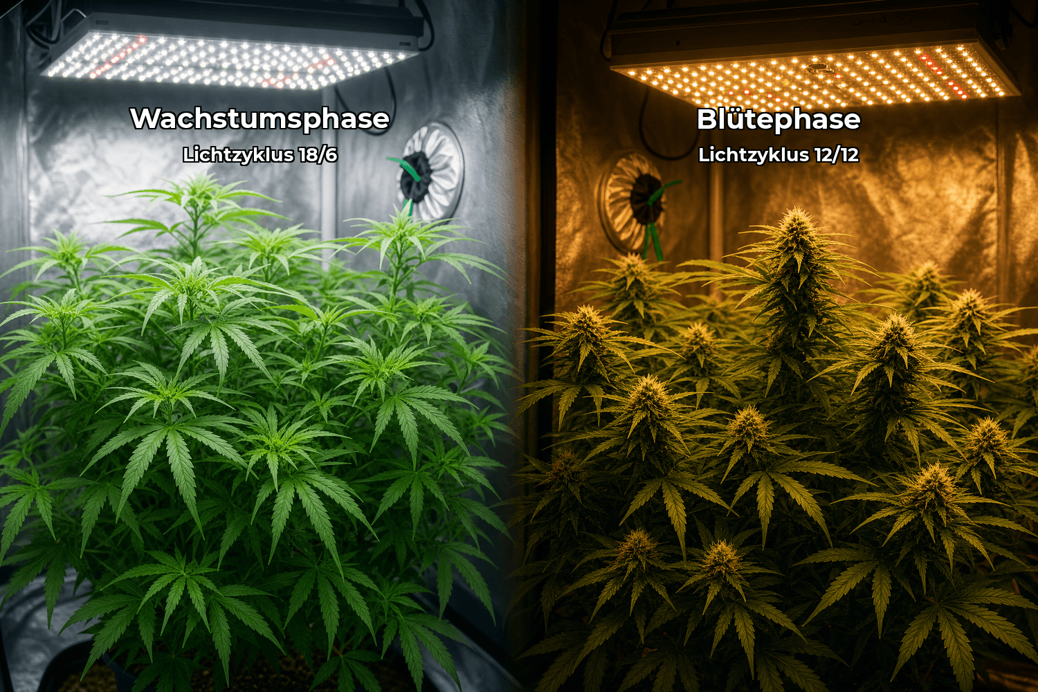 Links eine Cannabispflanze in der Wachstumsphase unter kühlem weißem LED-Licht bei Lichtzyklus 18/6 – viele grüne Blätter, kein Blütenansatz. Rechts dieselbe Pflanze in der Blütephase unter warmem Amber-LED-Licht bei Lichtzyklus 12/12 – dichte Blütenkolben sichtbar. Visualisierung der Umstellung von der vegetativen auf die generative Phase durch Änderung des Lichtzyklus.