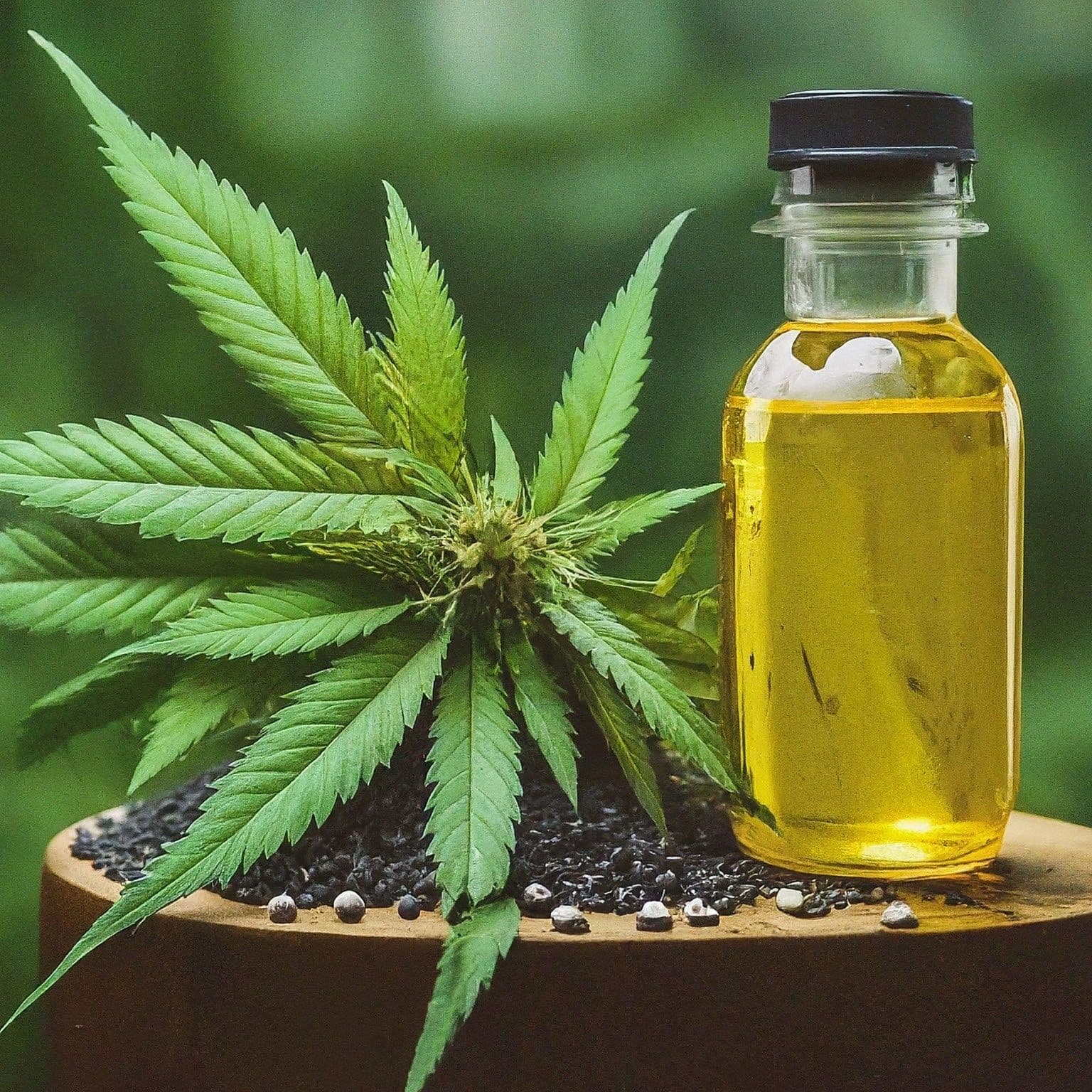 Glasflasche mit goldfarbenem Hanföl neben grünen Cannabisblättern und Samen