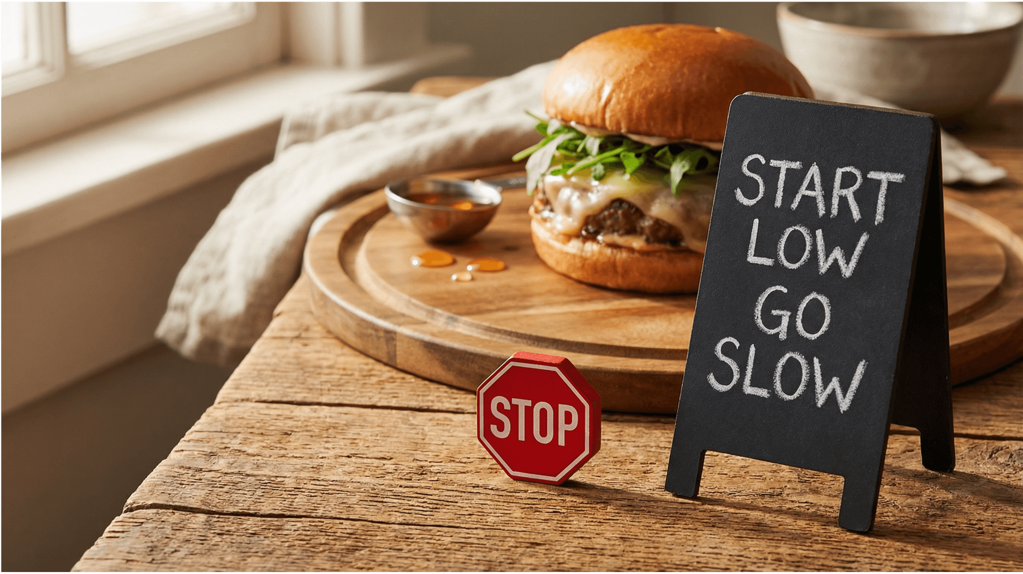 Burger mit Sauce auf Holzbrett neben Tafel mit Aufschrift "Start Low Go Slow" und Stopp-Schild als Warnung vor Cannabis-Dosierung