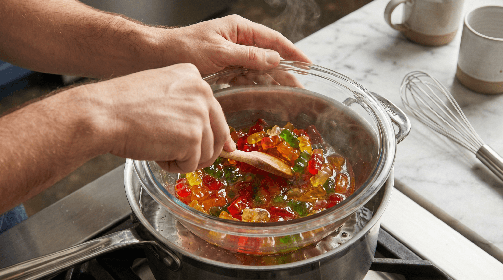 Eine Hand rührt in einem Topf mit vielen bunten Gummibärchen, die gerade einschmelzen