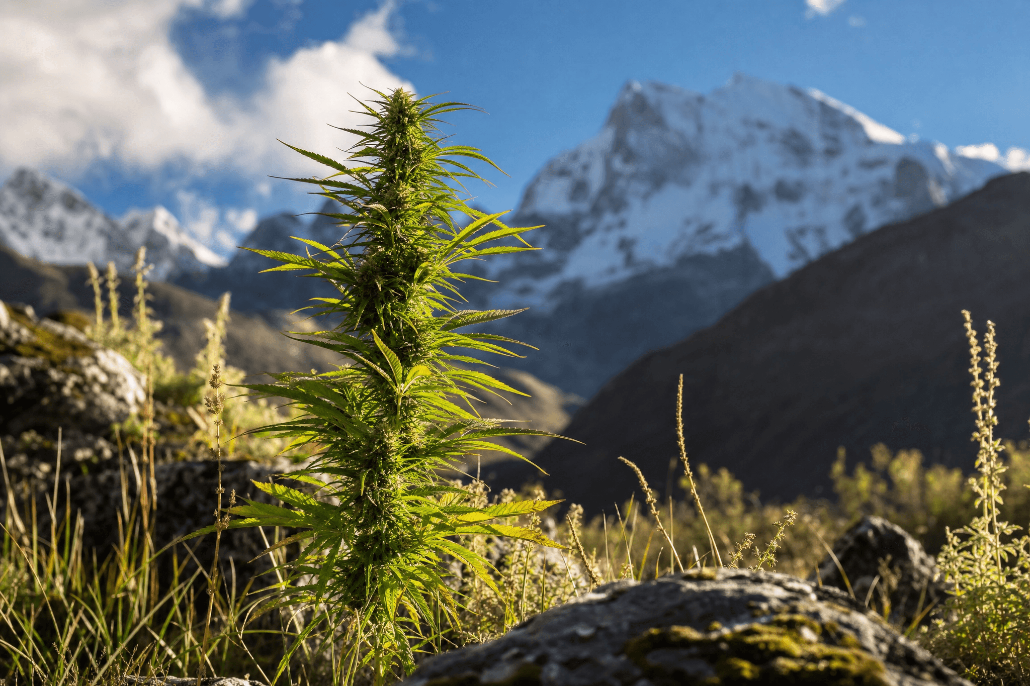 Blühende Cannabispflanze in freier Natur vor schneebedeckten Berggipfeln – ein natürlicher Ursprung, der nicht mit automatischer Unbedenklichkeit gleichzusetzen ist.