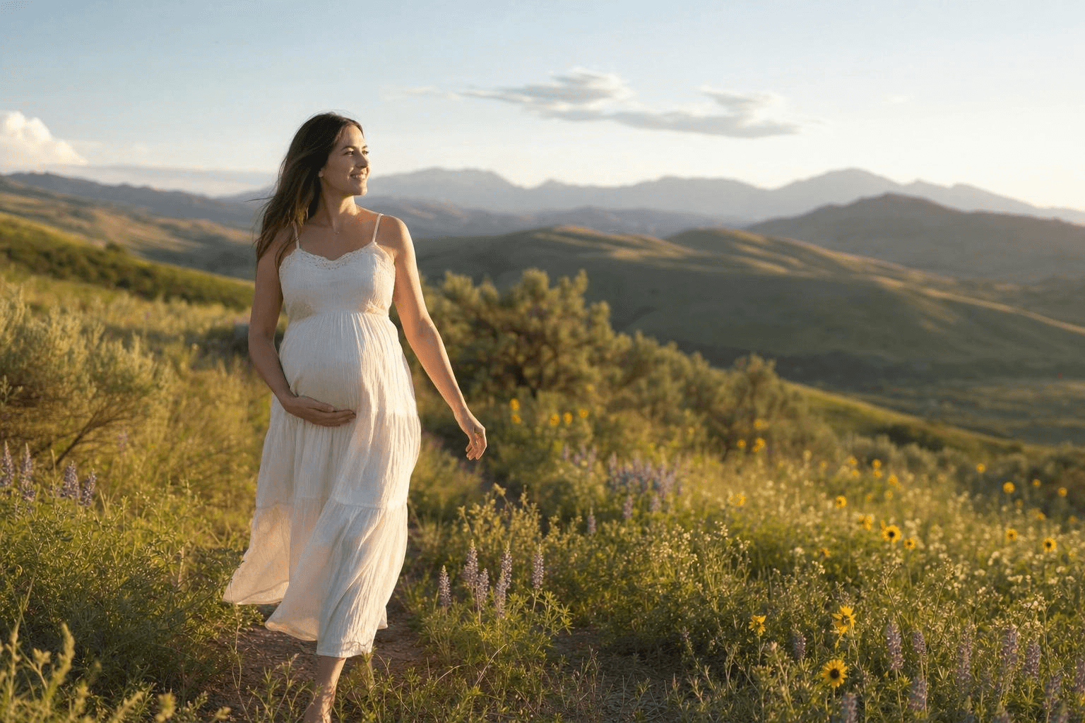 Eine junge schwangere Frau läuft in schöner Landschaft.