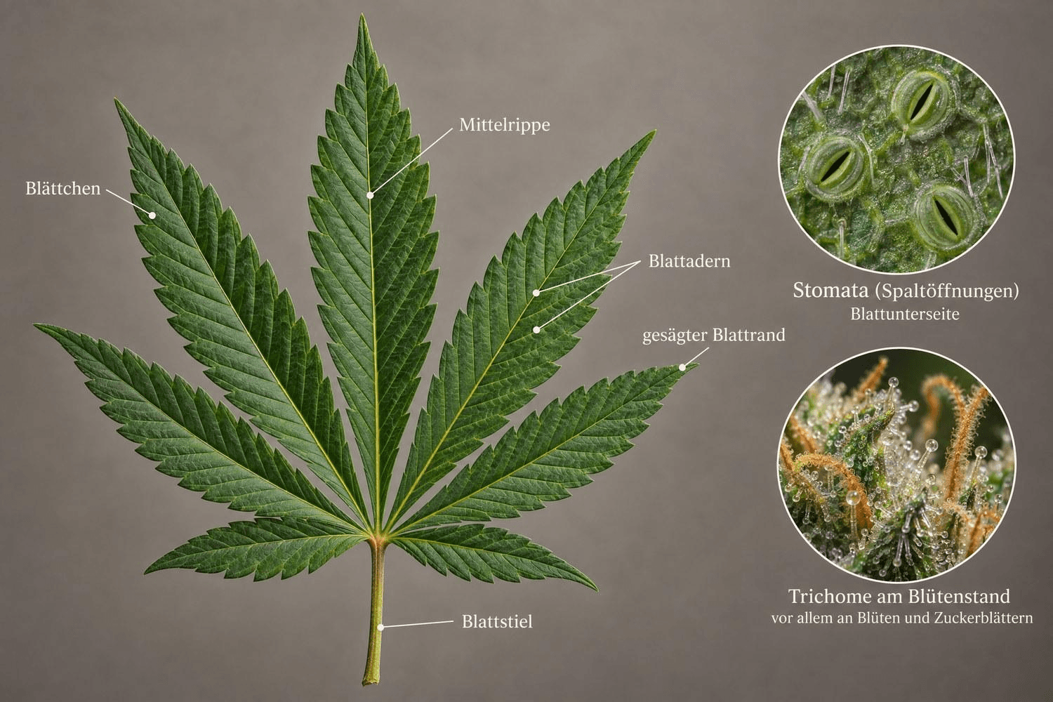 Beschriftetes Cannabis-Fächerblatt mit Blattstiel, Blättchen, Mittelrippe, Blattadern und gesägtem Blattrand; zwei Makroausschnitte zeigen Stomata auf der Blattunterseite sowie Trichome am Blütenstand.