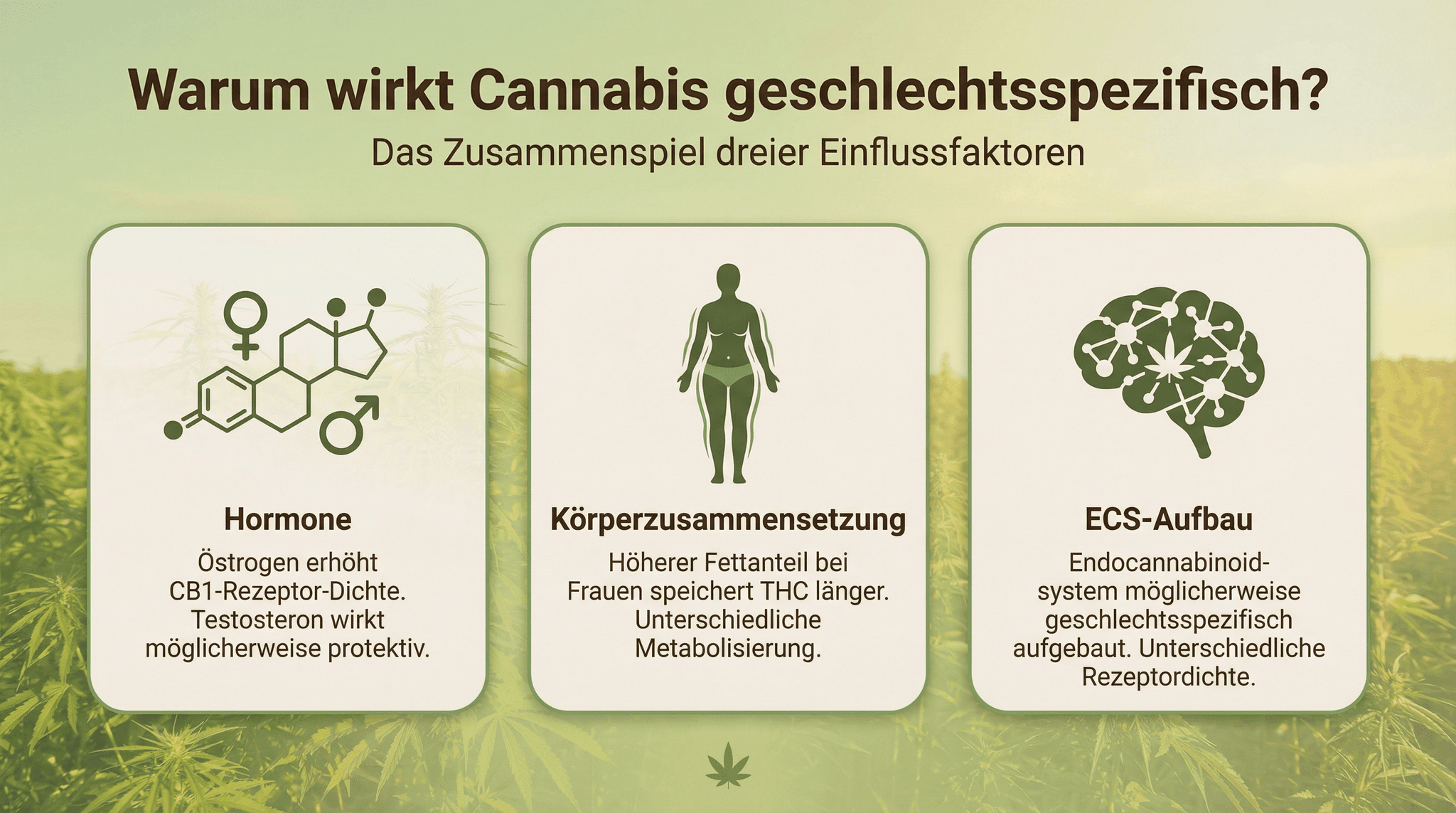 Infografik zu den drei biologischen Einflussfaktoren der geschlechtsspezifischen Cannabiswirkung: Hormone, Körperzusammensetzung und Aufbau des Endocannabinoidsystems.