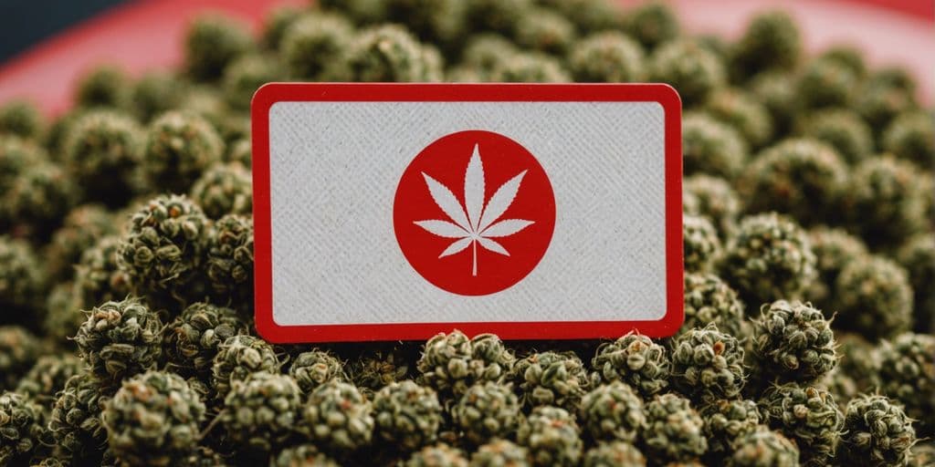 Karte mit rotem Hanfblatt auf Cannabis-Knospen