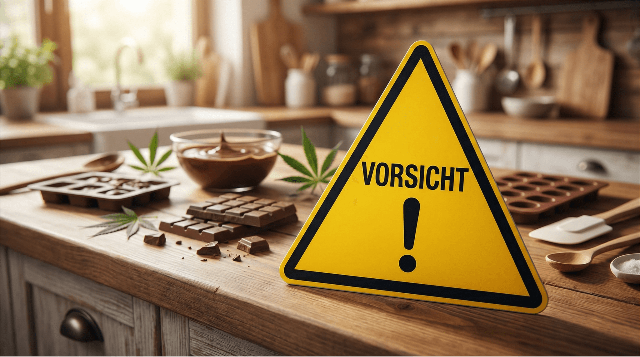 Gelb-schwarzes Warndreieck mit der Aufschrift "VORSICHT!" steht prominent auf einem Holztisch in einer hellen Küche. Im Hintergrund Schokolade, Cannabisblätter, eine Schale mit geschmolzener Schokolade und Schokoladenformen.