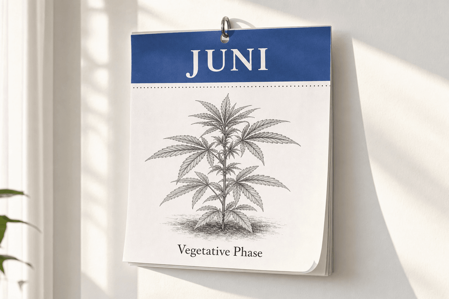Ein Kalender mit einer illustrierten Cannabispflanze in der vegetativen Phase.