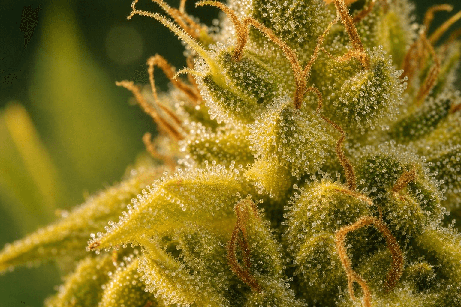 Makro-Aufnahme einer Cannabis-Blüte mit flavonoidreichen Trichomen und Drüsenhaaren