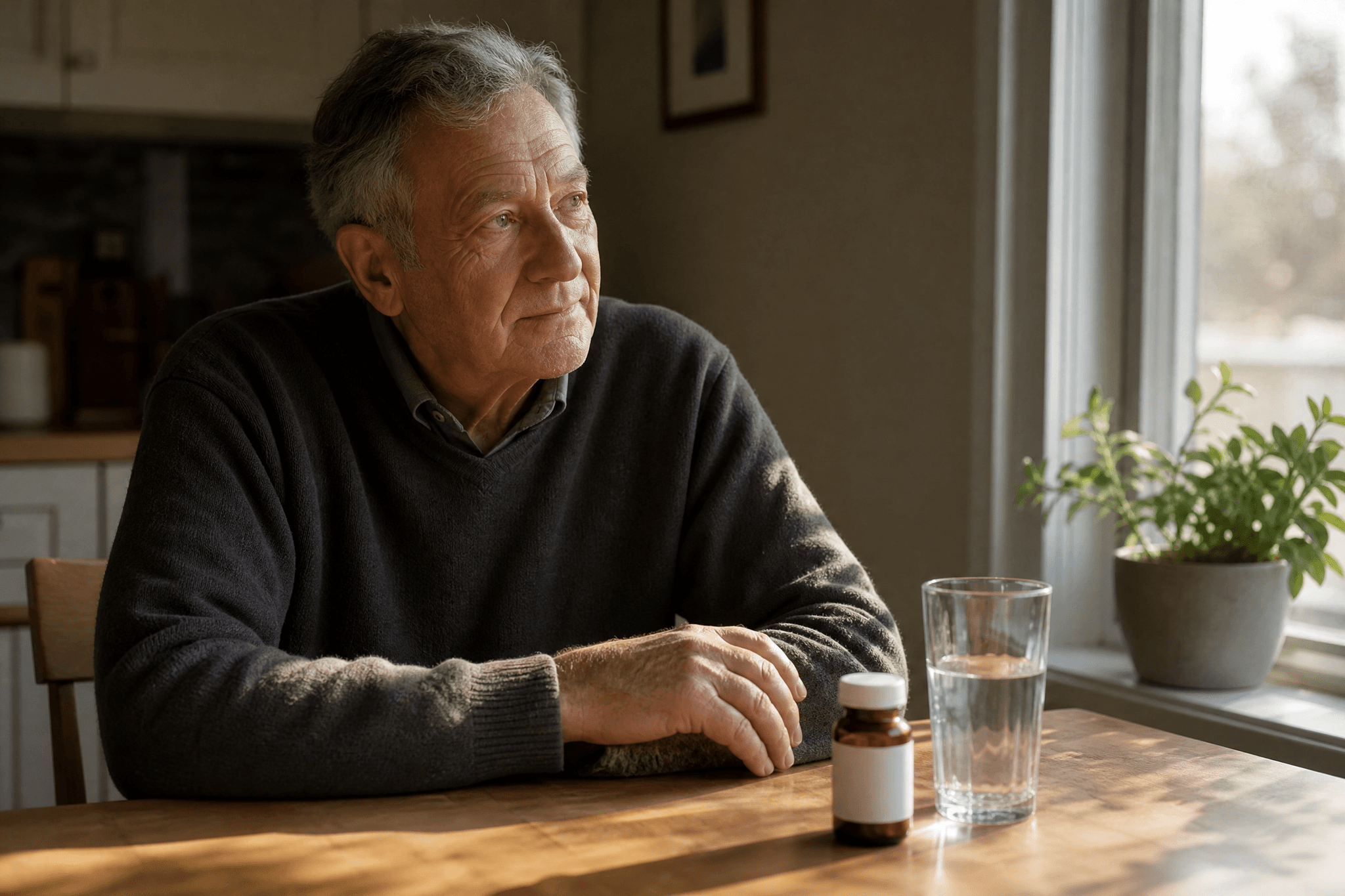 Älterer Mann sitzt nachdenklich am Küchentisch mit Medikamentendose und Wasserglas – Symbolbild für Patienten mit chronischen Schmerzen und drohender Unterversorgung durch die Streichung der Cannabisblüten-Erstattung