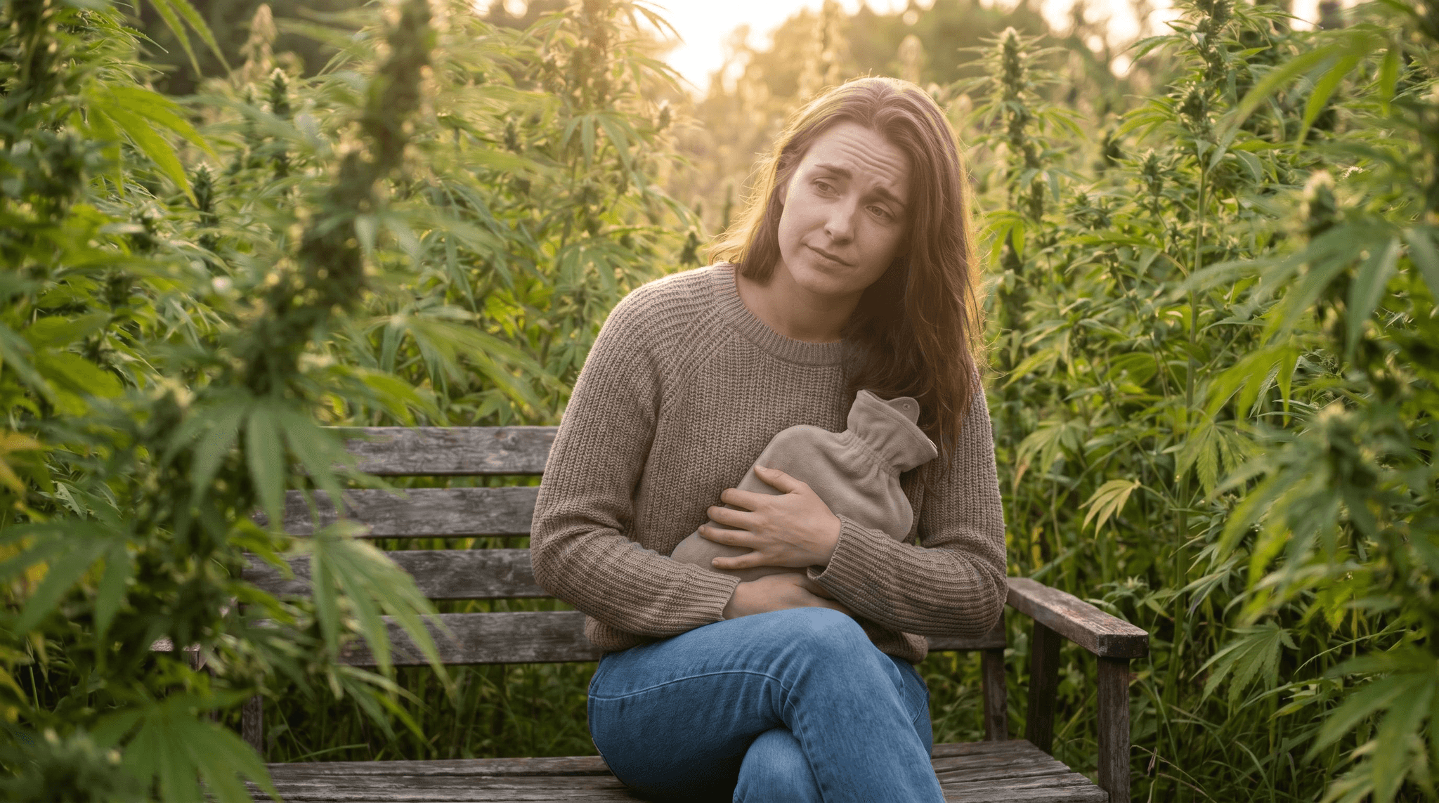 Junge Frau sitzt mit einer Wärmflasche am Unterleib auf einer Holzbank inmitten eines blühenden Cannabisfeldes im goldenen Abendlicht – symbolisch für die wissenschaftliche Auseinandersetzung mit Cannabis als mögliche Option bei Menstruationsschmerzen (Dysmenorrhoe).