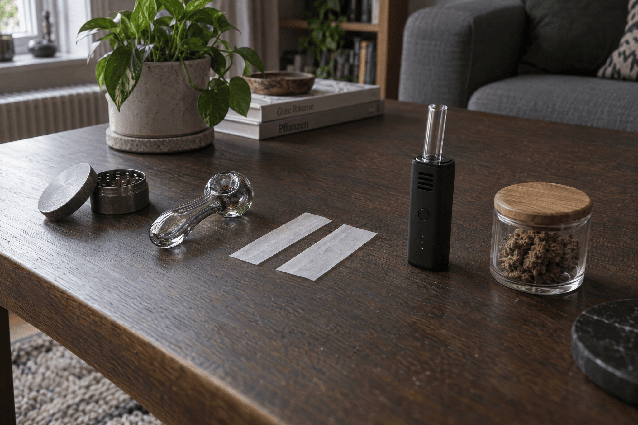 Stillleben auf einem dunklen Holztisch: ein Grinder, eine Glaspfeife, zwei ungefaltete Papers, ein schwarzer Vaporizer mit Glasmundstück und ein Glasgefäß mit Cannabisblüten.