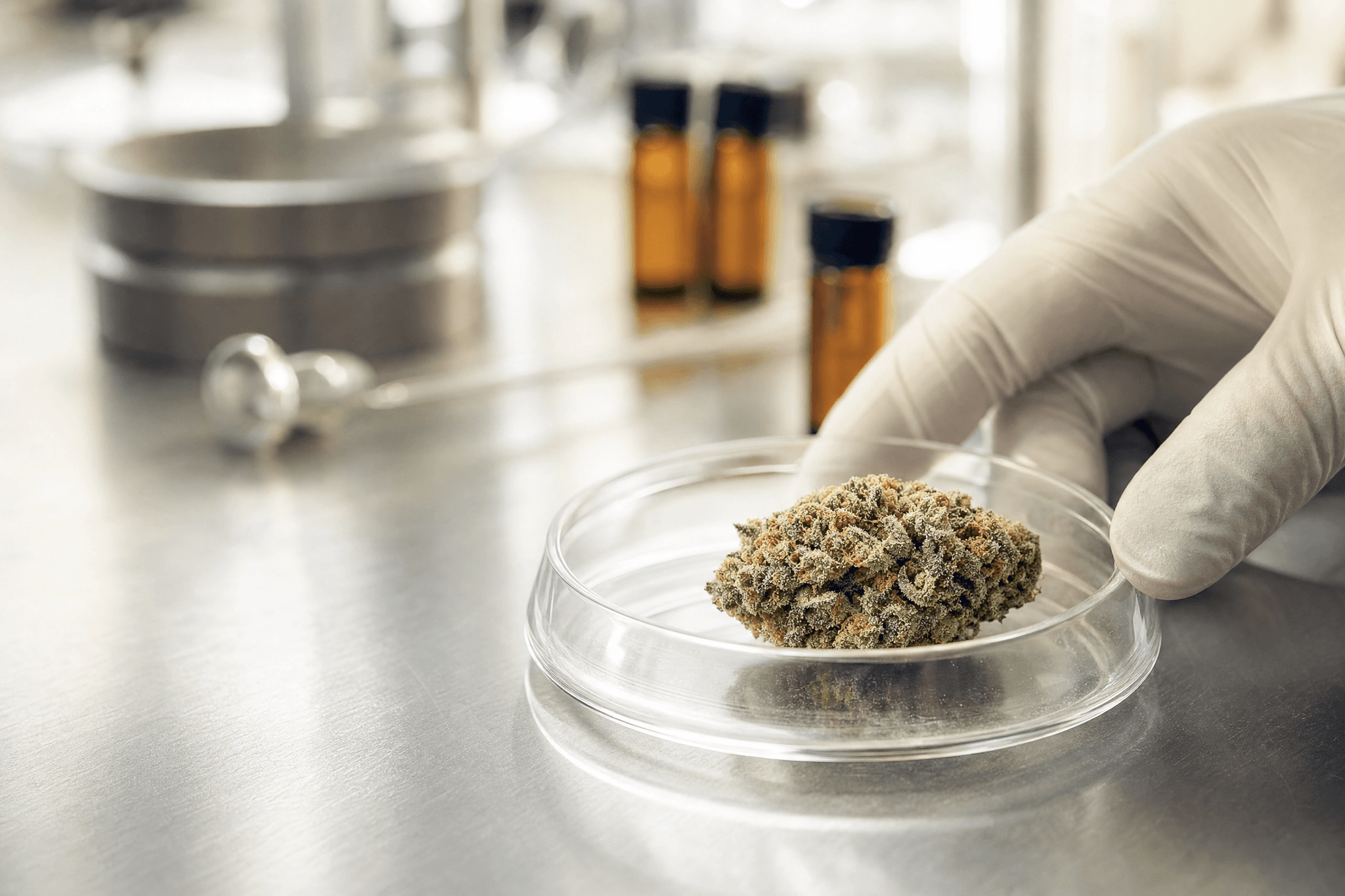 Eine gloved Hand positioniert eine Cannabisblüte in einer gläsernen Probenschale auf einem Labortisch; Analysegefäße stehen im Hintergrund.