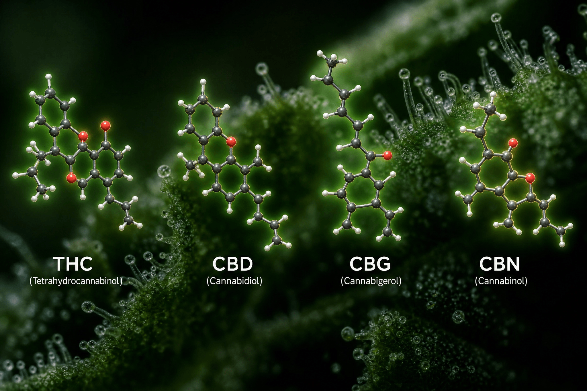 Makroaufnahme einer Cannabis-Blüte mit Trichomen als Hintergrund, überlagert von vier leuchtend dargestellten 3D-Molekülstrukturen der wichtigsten Cannabinoide: THC (Tetrahydrocannabinol), CBD (Cannabidiol), CBG (Cannabigerol) und CBN (Cannabinol).