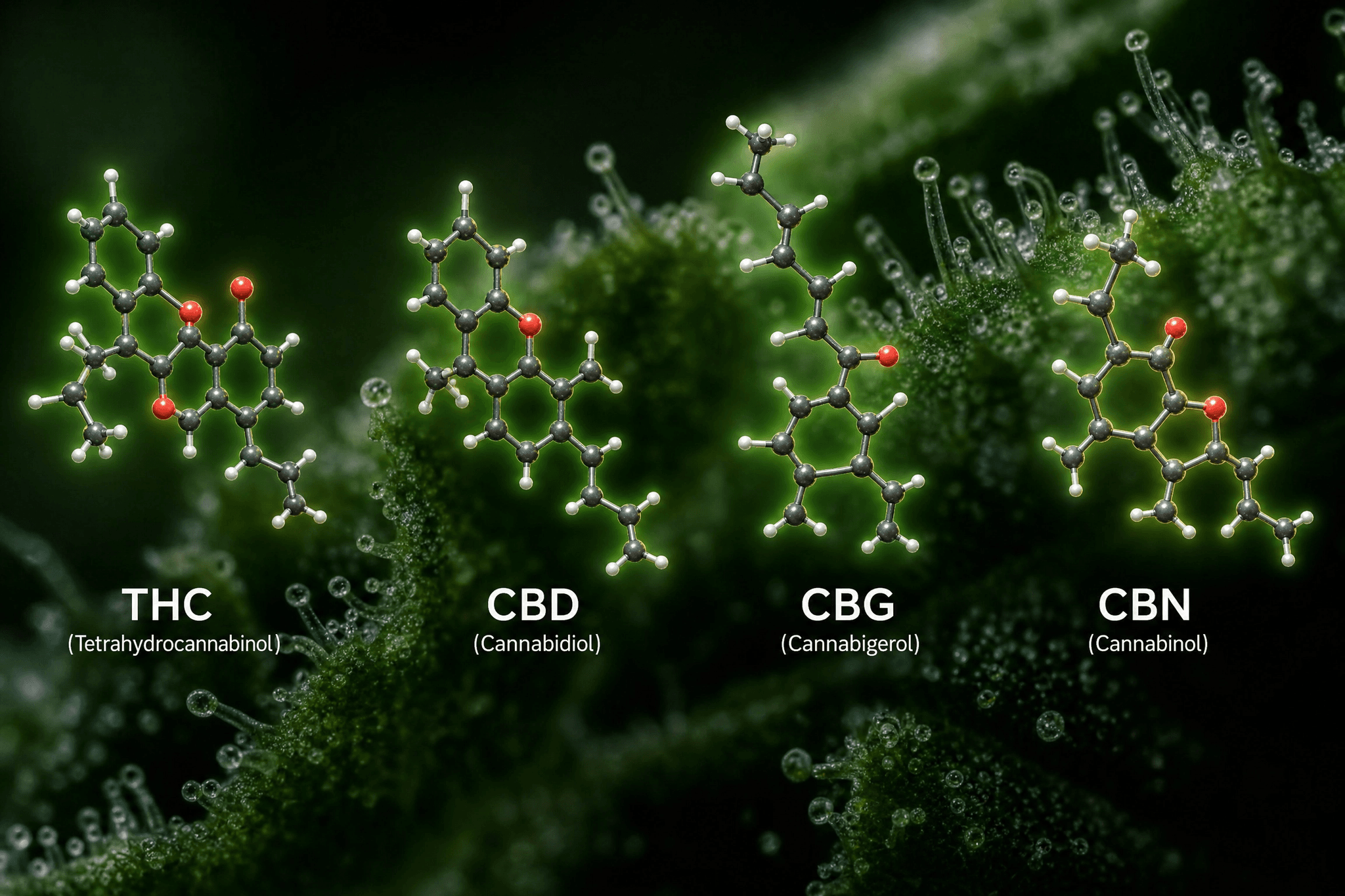 Makroaufnahme einer Cannabis-Blüte mit Trichomen als Hintergrund, überlagert von vier leuchtend dargestellten 3D-Molekülstrukturen der wichtigsten Cannabinoide: THC (Tetrahydrocannabinol), CBD (Cannabidiol), CBG (Cannabigerol) und CBN (Cannabinol).