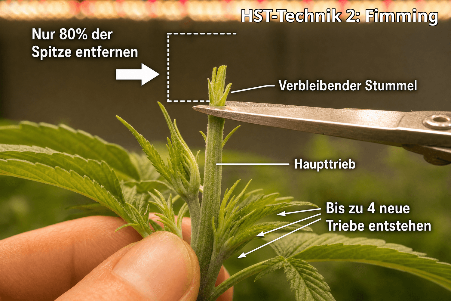 Makroaufnahme einer Cannabispflanzspitze: Eine Schere entfernt etwa 80 % der Triebspitze, der verbleibende Stummel bleibt sichtbar. Beschriftungen zeigen den Stummel, den Haupttrieb und die bis zu vier neu entstehenden Seitentriebe – HST-Technik Fimming.