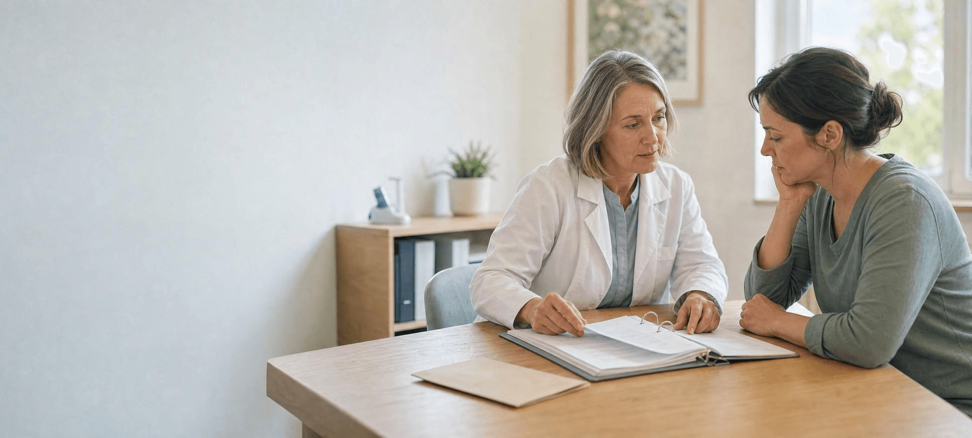 Ärztin und Patientin besprechen Krankenkassenunterlagen und einen Antrag für einen medizinischen Verdampfer.