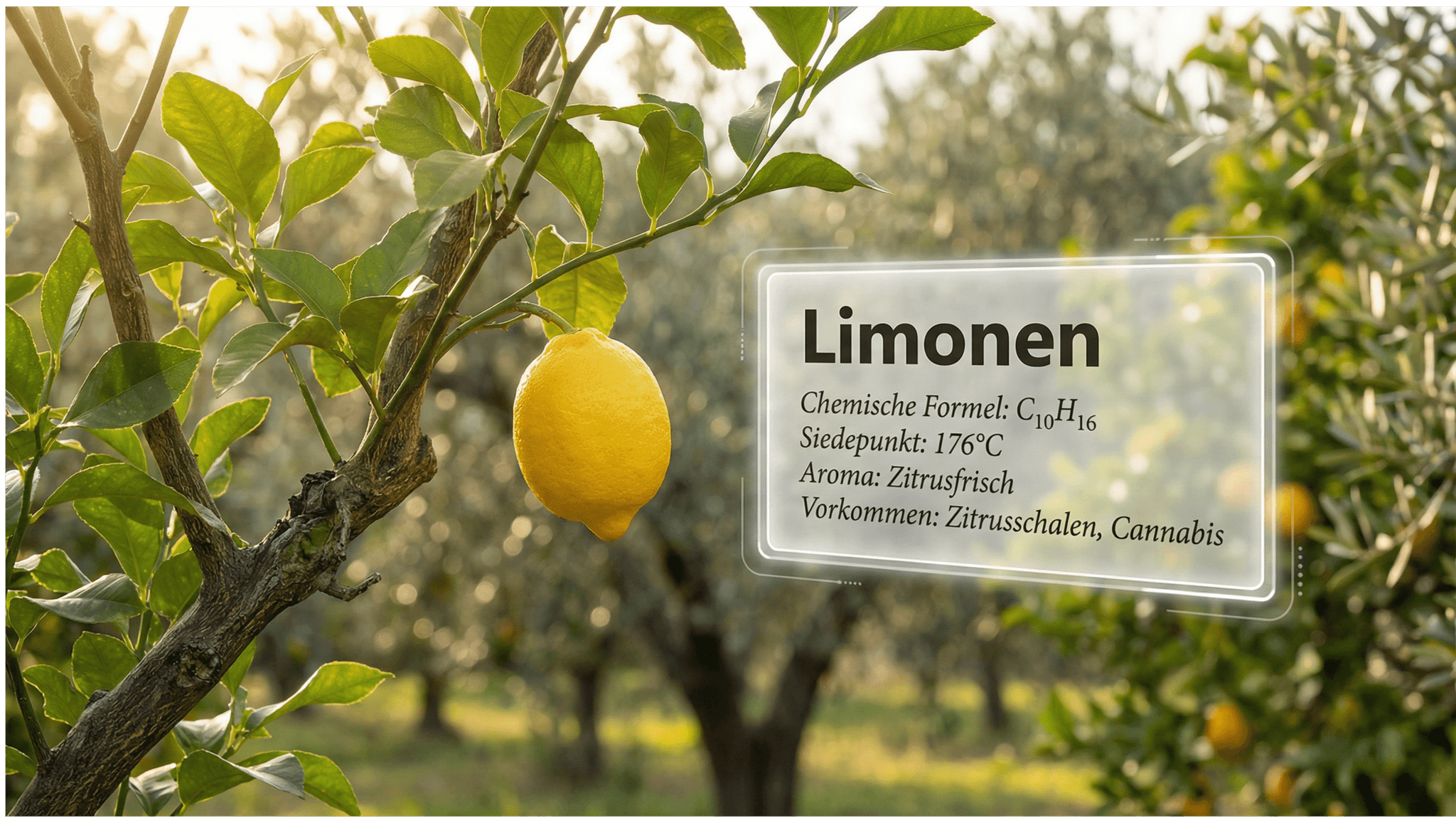 Eine Nahaufnahme einer Zitrone an einem Baum, mit einer eingeblendeten Grafik, die die chemischen Eigenschaften von Limonen (C₁₀H₁₆) erläutert, wie z.B. den Siedepunkt von 176°C und das zitrusfrische Aroma.
