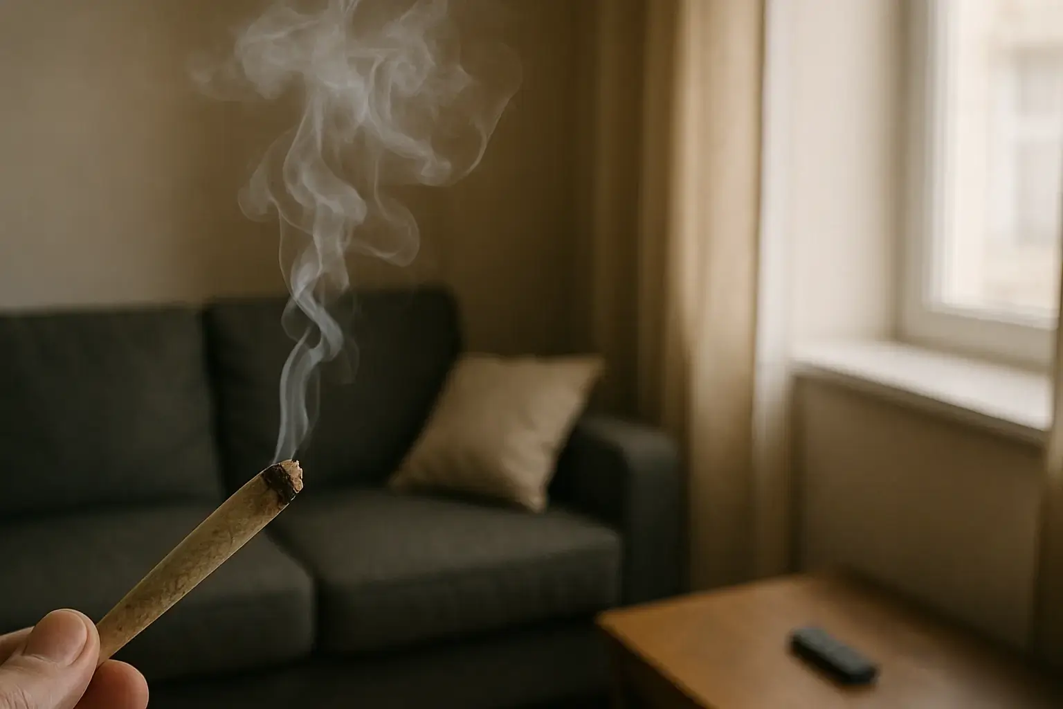 Hand hält brennenden Joint, Rauch vor Couch und Fenster