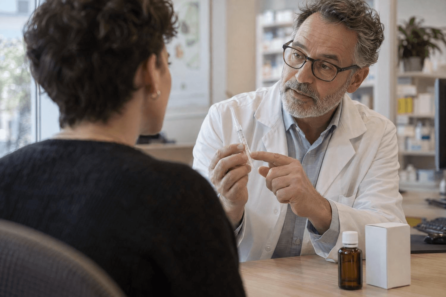 Apotheker erklärt einer erwachsenen Person die Markierungen einer kleinen transparenten Dosierspritze an einem Beratungstisch.