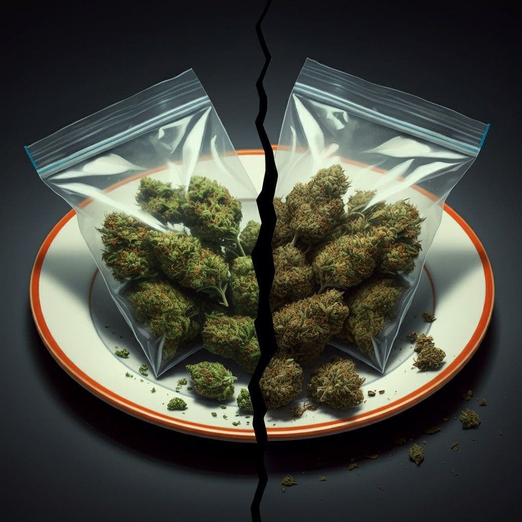 Zwei Plastiktüten mit Cannabisblüten auf einem Teller, vertikale Risslinie