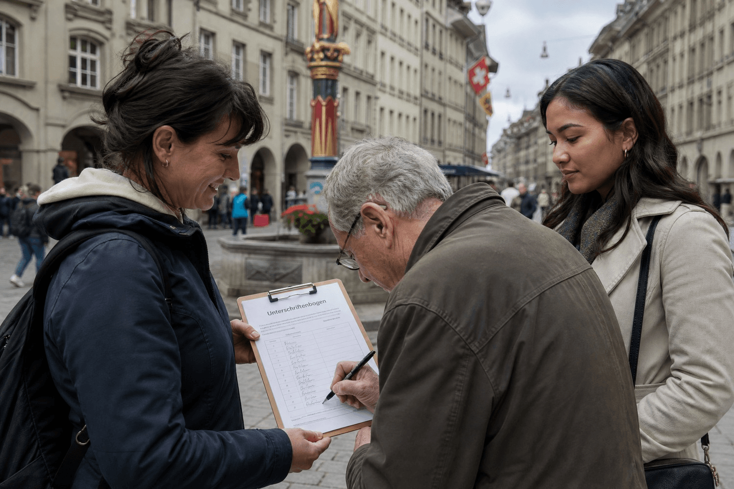 Auf dem Berner Münsterplatz sammeln Aktivistinnen Unterschriften für eine Volksinitiative zur Cannabis-Regulierung. Um eine Volksabstimmung zu erzwingen, benötigen Befürworter innerhalb von 18 Monaten 100.000 Unterschriften