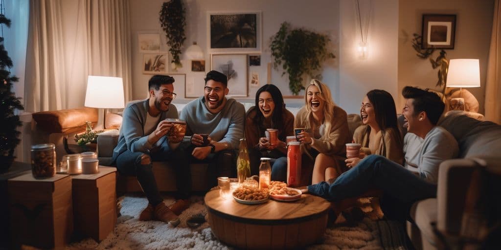 Sechs Freunde auf Sofa, lachend mit Tassen, Snacks und Kerzenlicht