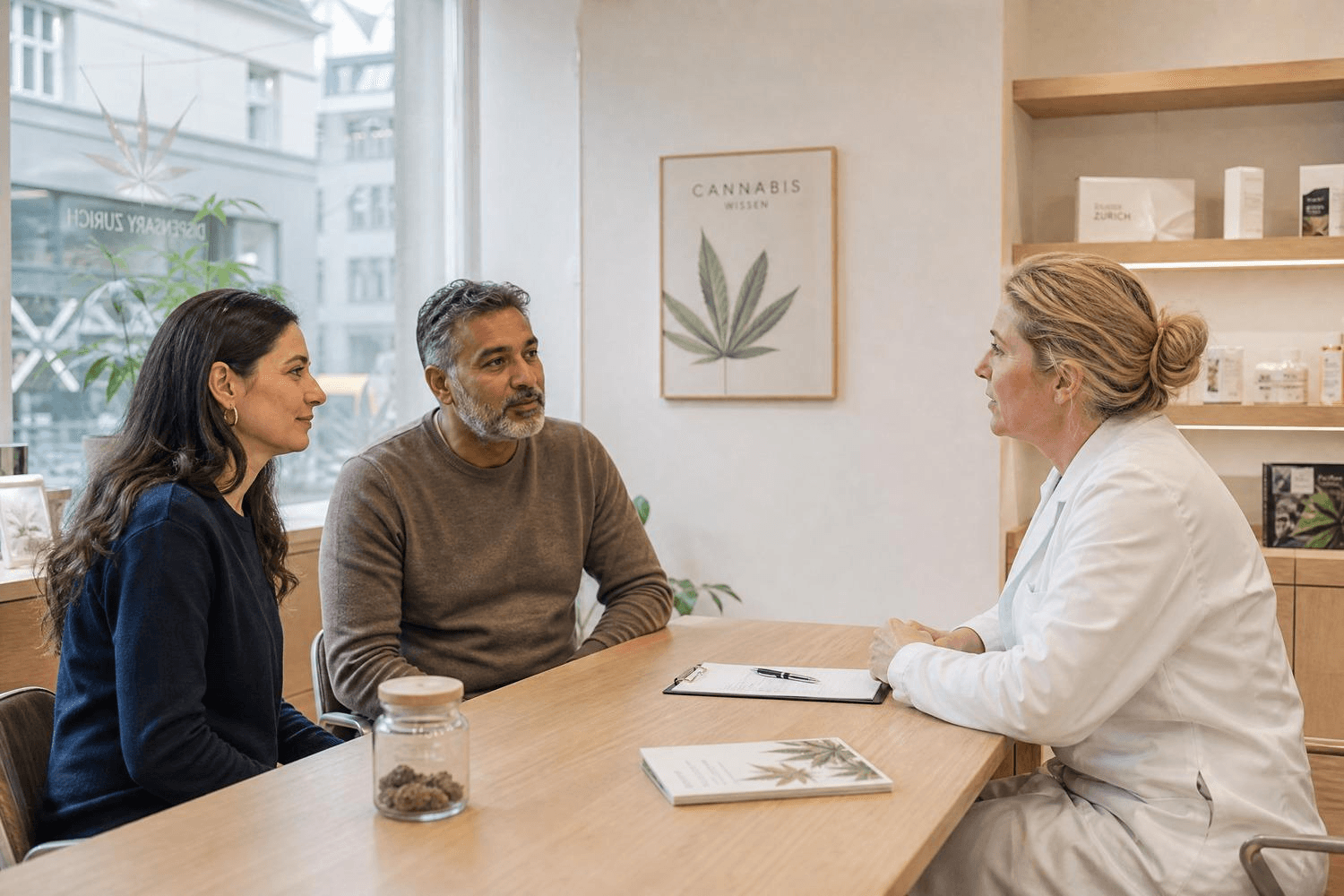 In einem Zürcher Cannabis-Pilotprojekt berät eine Fachperson zwei Teilnehmende über den regulierten Bezug. Die wissenschaftlichen Versuche laufen seit 2022 in mehreren Schweizer Städten.
