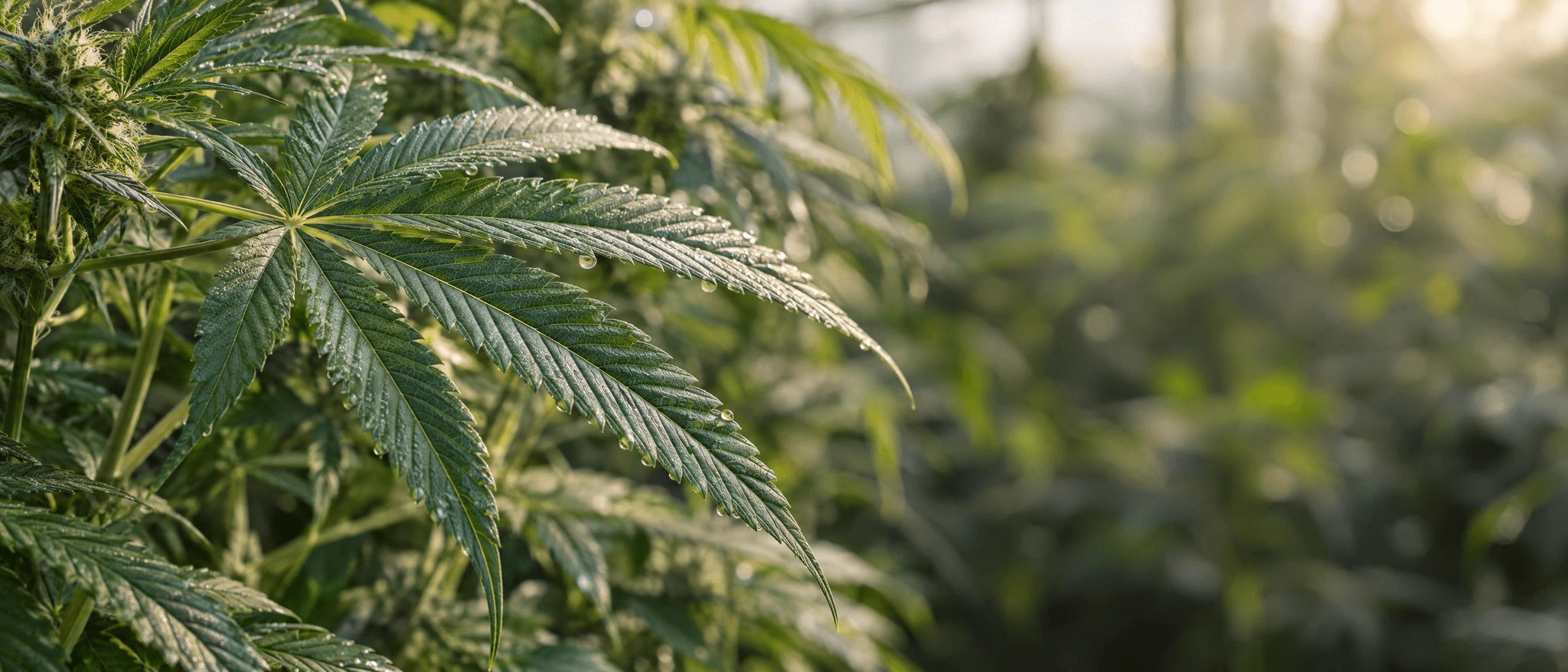 Junge Cannabispflanze in einem hellen Gewächshaus mit mehreren großen, handförmigen Fächerblättern entlang des aufrecht wachsenden Stängels.